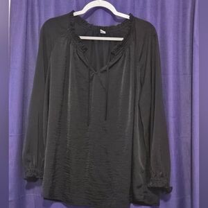 Elegant Black Blouse with Lace Trim and Flowy Sleeves